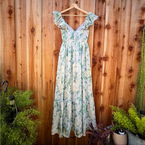 Light Blue and Sage Green Floral Ruffled Sleeve Chiffon Maxi Dress 🌿 - Picture 7 of 10